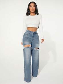 SHEIN SXY Denim Retos Casuais Femininos Lavados e Desgastados