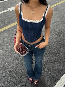 K-Vae Women's Dark Blue Ruffled Denim Top, Elegant Casual Lace Zipper Denim Top, Sexy Denim Vest - Blue - View 5