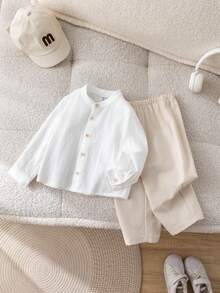 SHEIN 两件套男宝宝可爱都市绅士套装，白色衬衫搭配卡其色休闲裤，适合生日派对、晚宴、演出、婚礼、迎婴派对、洗礼和一周岁生日庆祝等场合，春夏秋冬四季皆宜。 - 卡其色 - 查看 5