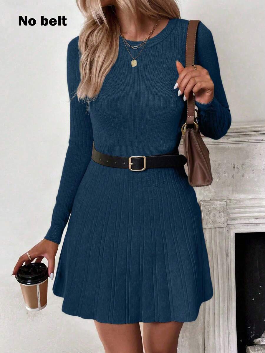 EMERY ROSE Women's Solid Color Minimalist Long Sleeve Crew Neck Sweater Dress, Casual Everyday Wear - Navy Blue - View 1
