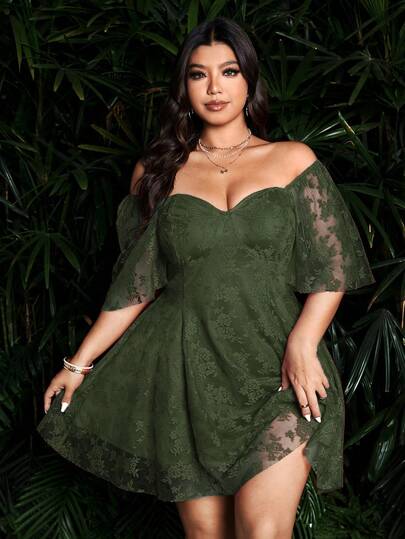 Sunspun Plus Size Women Casual Solid Color Lace Dresses Olive Green Plus Size Woman