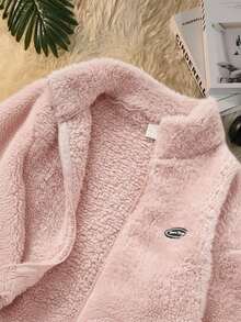 SHEIN 少女款纯色双面抓绒拼接领休闲外套