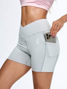 SHEIN Sports Women's Light Grey V-Cut High Waist Workout Shorts,Crossover Waistband Seamless Yoga Shorts,Silver Gray Women's Sports Shorts,Yoga Shorts With Pocket - Light Grey - View 1