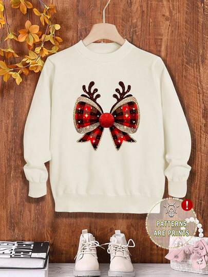 Teen Girls Sparkly Bow, Deer Horn Graphic Casual Sweater For Teenage Girls, Warm And Comfortable, Christmas Theme