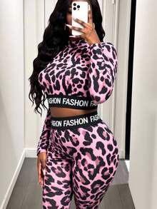 BamGleam 2pcs Fashionable Sexy Leopard Print English Text Elastic Waist Set For Women - Pink - View 1