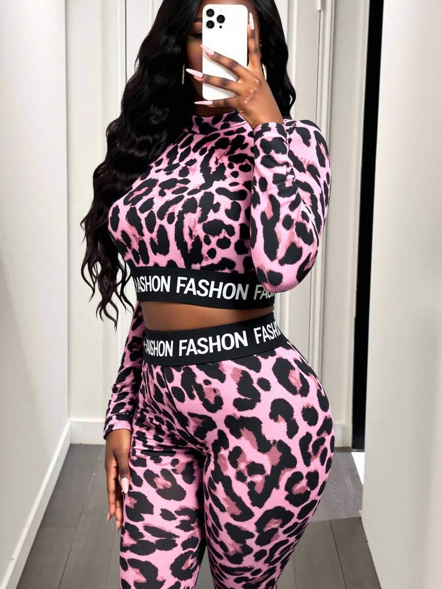 BamGleam 2pcs Fashionable Sexy Leopard Print English Text Elastic Waist Set For Women - Pink - View 1