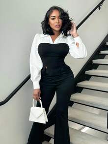 Alexandranx Black & White Bodycon Shirt, Slit Hem Shirt, Fall/Winter Shirt, Back To School Outfits, Women Blouses, Corset Blouses, Teacher Clothes, Work Women Shirts, Shirts, Modest Tops, School Shirts, Western Shirts - Black and White - View 1