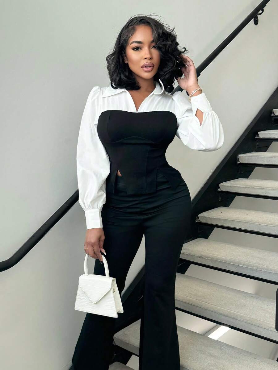 Alexandranx Black & White Bodycon Shirt, Slit Hem Shirt, Fall/Winter Shirt, Back To School Outfits, Women Blouses, Corset Blouses, Teacher Clothes, Work Women Shirts, Shirts, Modest Tops, School Shirts, Western Shirts - Black and White - View 1