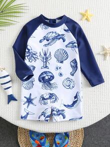 SHEIN Baby Boy/Girl Colorblock Cute Ocean Shell Print Long Sleeve Rash Guard Swimsuit, Suitable For Spring, Summer, Autumn, Winter Outdoor, Travel, Beach, Pool, Party, Surfing, Sun Protection - Navy Blue - View 3