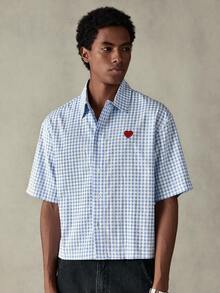 SWAVVY Męska koszula w kratę z haftem w kształcie serca i krótkim rękawem, z guzikami z przodu