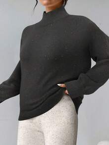 SHEIN Tall CURVE Plus Size Women's Solid Stand Collar Sweater, Minimalist & Casual, Suitable For Everyday Wear - Coffee Brown - View 4