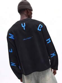 SUMWON Men's Regular Fit Long Sleeve Crew Neck T-Shirt With Blue Letter Print Black Casual Streetwear Urban Style Fall Winter - Black - View 1