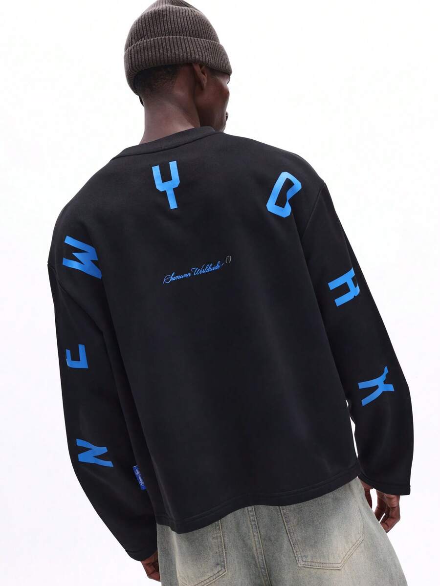 SUMWON Men's Regular Fit Long Sleeve Crew Neck T-Shirt With Blue Letter Print Black Casual Streetwear Urban Style Fall Winter - Black - View 1