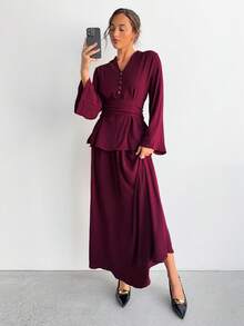 Aloruh Women's Solid Color Button Design Flare Sleeve Ruched Waist Blouse And Midi Skirt 2 Piece Set Fall Clothes Fall Clothes For Women All Outfits Women  Fall Outfits For Women Fall Outfits Autumn Clothes Women's Fall Clothes Two Piece Set Women - Burgundy - View 6