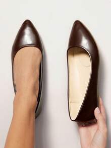 SHUZIA 魅力巧克力色仿皮PU易穿脱尖头平底鞋，夏季鞋款，春季鞋款，春假、复活节、母亲节礼物 - 巧克力棕 - 查看 2