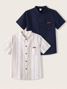 2件套 青少年男童宽松休闲百搭立领贴布条纹短袖衬衫，适合上学、聚会、派对、郊游等场合。 - 彩色 - 查看 7