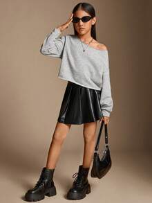 Radiana 青少年女孩短款休闲露肩短款运动衫、长袖上衣 - 灰色 - 查看 5