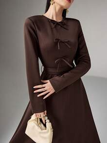 Heiryn 女士优雅通勤纯色蝴蝶结装饰连衣裙 - 卡其色 - 查看 5