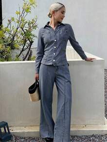 Livesso Autumn/Winter New Loose Casual Urban Style Women Denim 2 Pieces Set - Blue - View 5