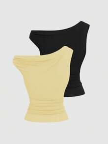 Sweetra 2pcs/Set Asymmetric Collar Fitted T-Shirt, Versatile Casual Top, Spring/Summer