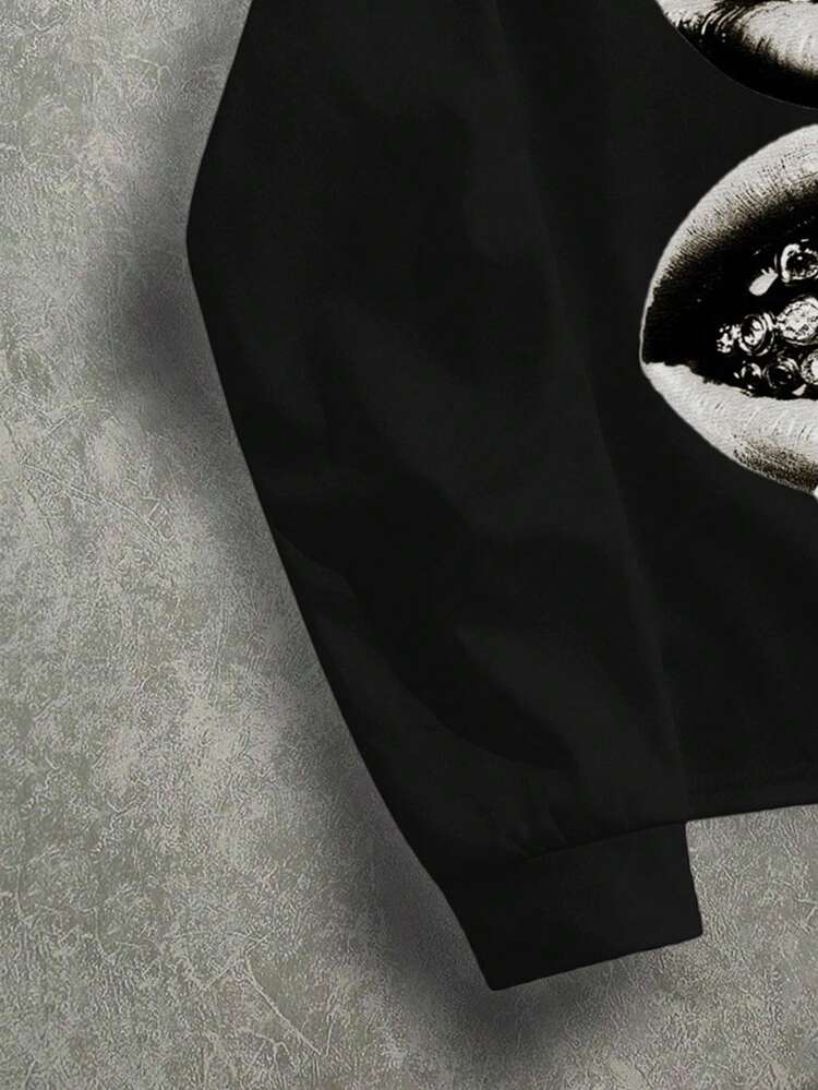 Manfinity EMRG 男士休闲街头风口哨十字印花圆领卫衣，秋季款 - 黑色 - 查看 4