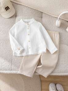 SHEIN 两件套男宝宝可爱都市绅士套装，白色衬衫搭配卡其色休闲裤，适合生日派对、晚宴、演出、婚礼、迎婴派对、洗礼和一周岁生日庆祝等场合，春夏秋冬四季皆宜。 - 卡其色 - 查看 3