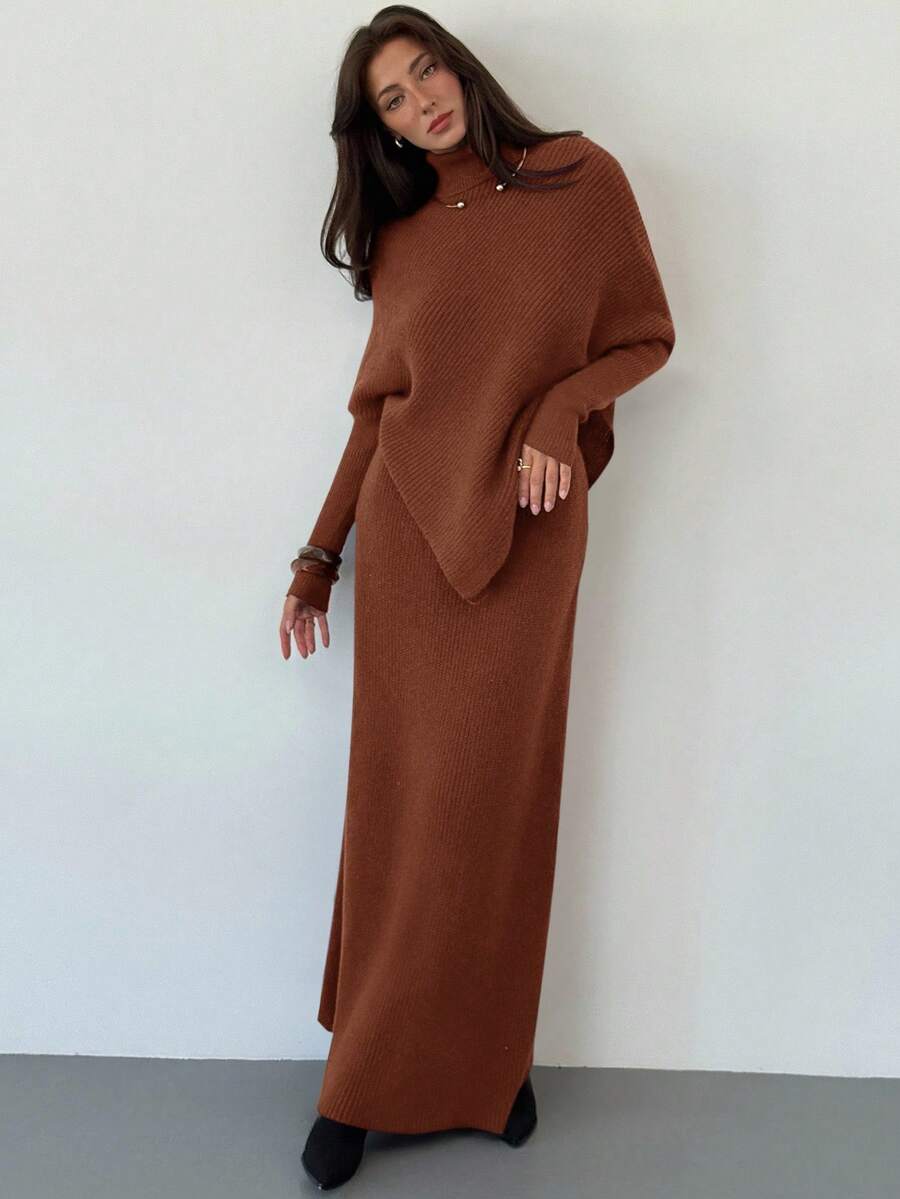 Aloruh 紫色针织两件套 新款冬季加厚女式毛衣裙宽松两件套 - 鏽棕色 - 查看 1