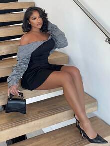 Alexandranx Kvinnors höst/vinter Collegiate Style Minimalistisk Bardot Ruched Midja Kontrastfärgad miniklänning, figursmickrande - Svart - Visa 3