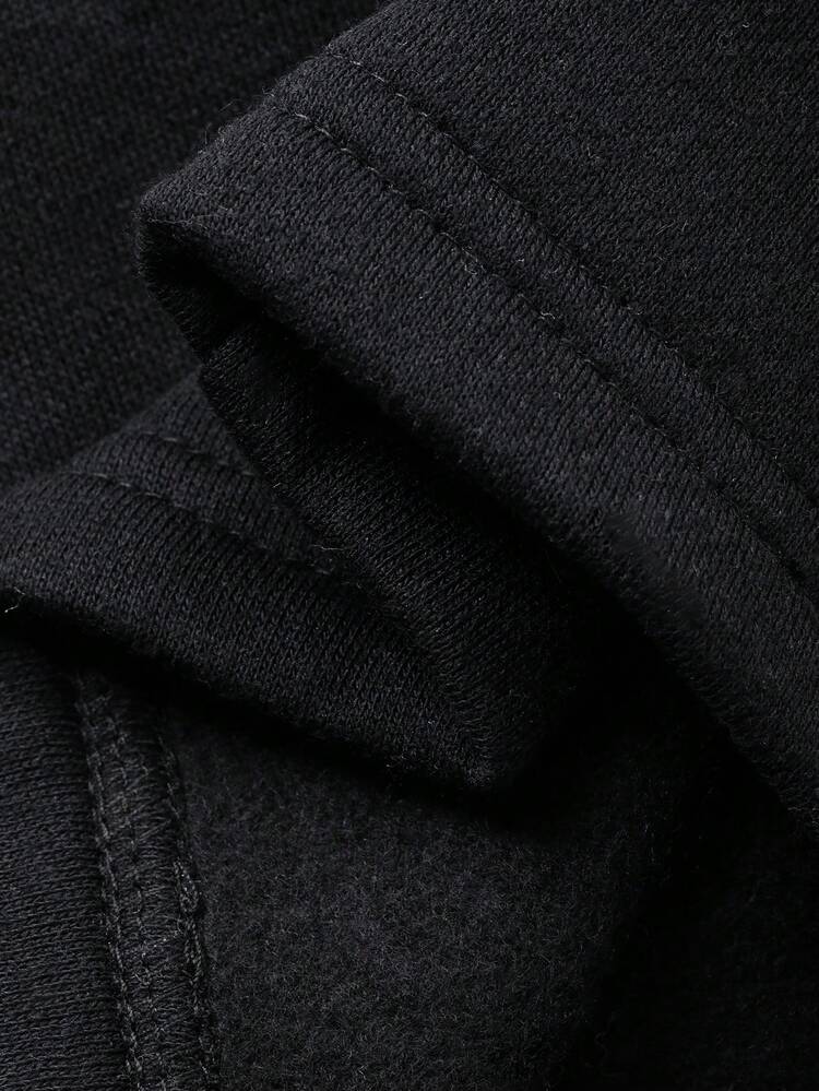 Men's Black Patchwork Collar & Cuff Letter Embroidery Pullover Pullover Sweatshirt Set, Autumn