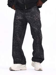 SUMWON 豹纹阔腿裤 动物纹休闲抽绳宽松长裤 街头时尚 秋冬宽松舒适家居服 - 黑色 - 查看 1