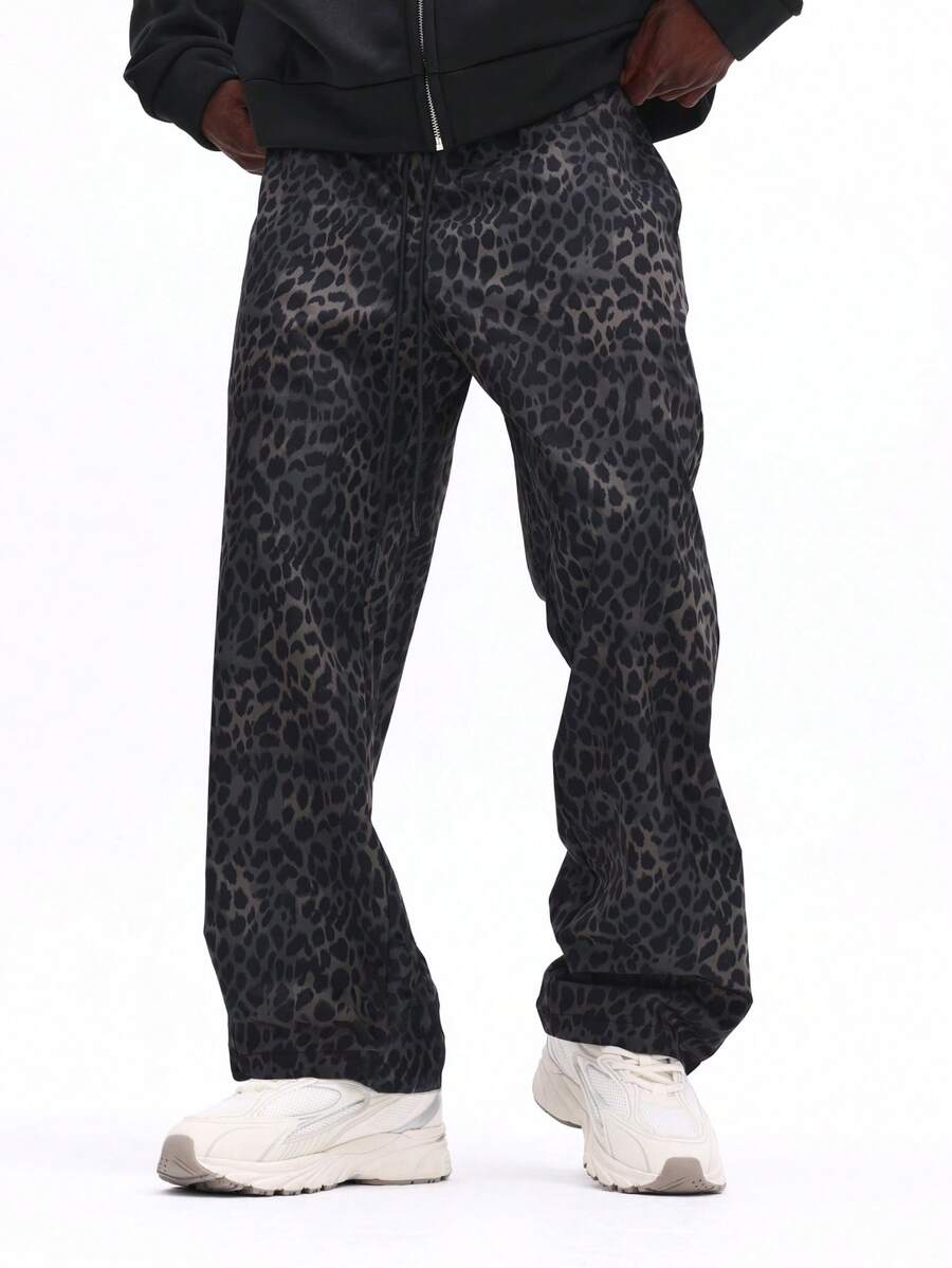 SUMWON 豹纹阔腿裤 动物纹休闲抽绳宽松长裤 街头时尚 秋冬宽松舒适家居服 - 黑色 - 查看 1