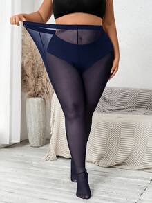 SHEIN CURVE+ Plus Size Women Sheer High Stretch Footless Leggings Skin-Friendly Tights Plus Size Tights - Navy Blue - View 7
