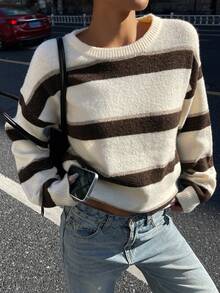 DAZY Women's Dropped Shoulder Long Sleeve Casual Knit Pullover Crew Neck Striped Loose Sweater Y2k - Apricot - View 1