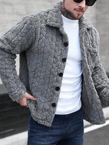 Manfinity CasualCool 男士单排扣口袋休闲抓绒长袖大衣，秋冬灰色大衣