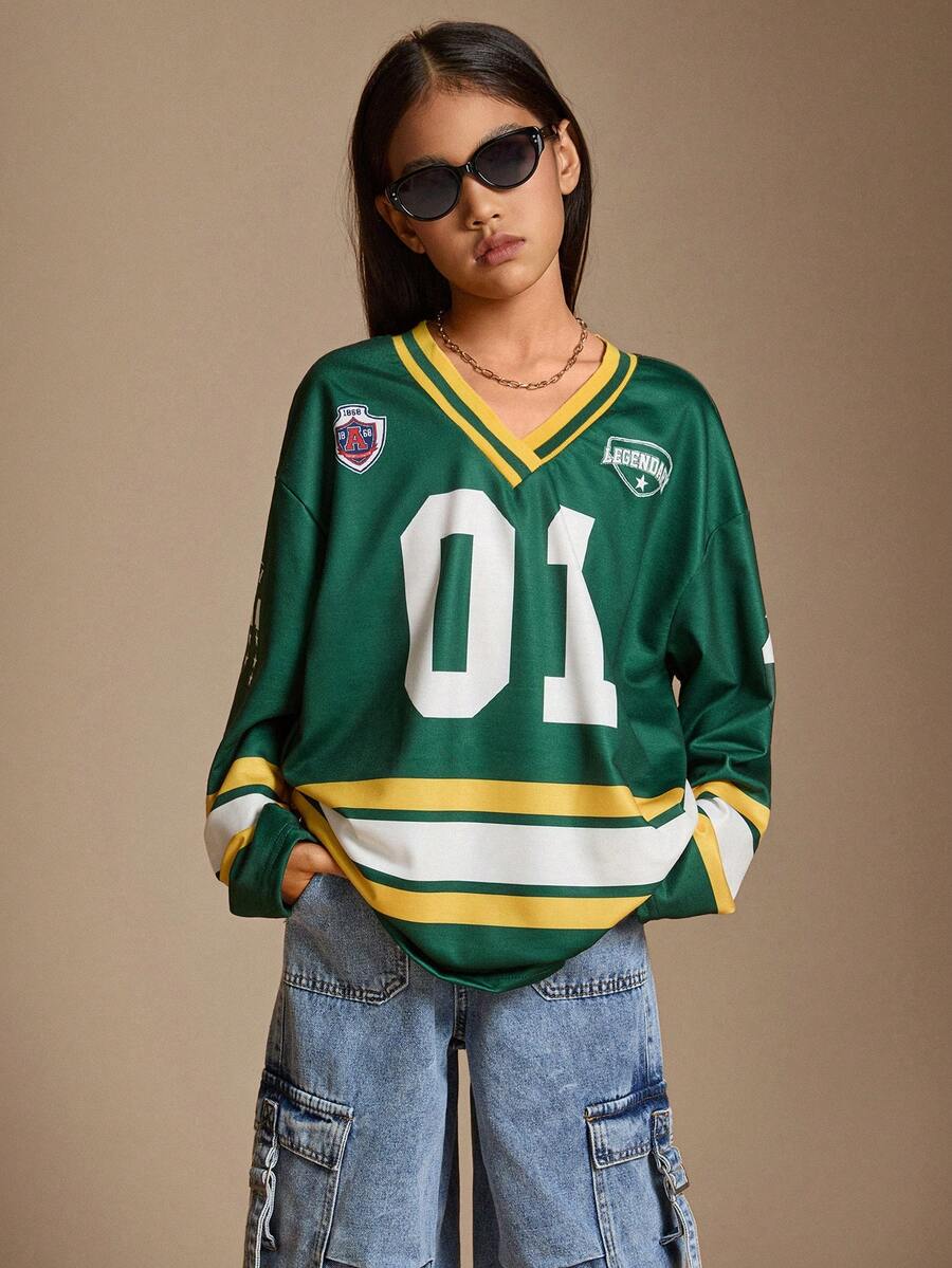 Radiana 青少年女孩休闲运动装数字图案大码长袖平纹T恤 - 綠色 - 查看 1