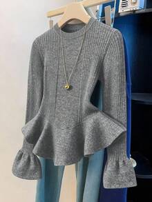 Franclia Casual Solid Color Ruffle Hem Sweater, Autumn/Winter