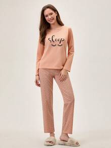 Loomlin 100% Cotton 2Pcs Eye&Heart Printed PJ Set - Coral Orange - View 3