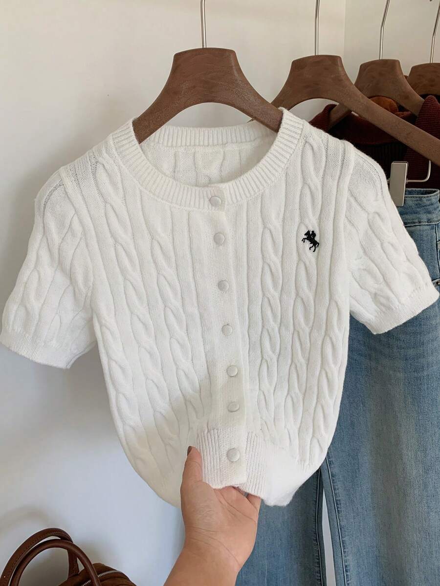 Comfortcana Áo khoác cardigan tay ngắn thêu họa tiết đơn giản, đa năng dành cho nữ - trắng - Xem 1