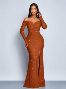 SOLERSUN Women's Fashionable Elegant V-Neck Off Shoulder Mermaid Hem Cocktail Party Night Club Bodycon Sexy Dress, Suitable For Christmas Party Vacation & Dating - Rust Brown - View 4
