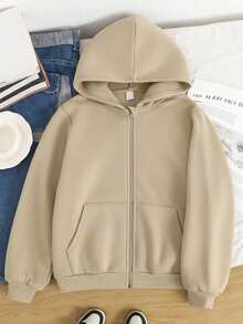 SHEIN Tween Girls Casual Hooded Cardigan Jacket, Autumn/Winter - Apricot - View 5
