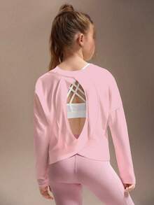 SHEIN Áo thun dài tay cho bé gái tuổi teen, thiết kế hở lưng thời trang màu trắng. 1 áo thun dệt kim dài tay khoét lưng thoải mái, thoáng khí cho bé gái, phù hợp cho hoạt động trong nhà & ngoài trời, thể thao - Hồng - Xem 4