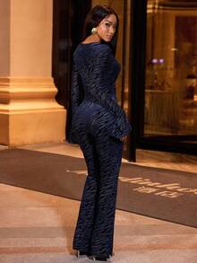 Lureya Women's Fashion Deep V-Neck Metal Button Decor Sexy Bodycon Long Sleeve Ruffle Cuff Zebra Velvet Jumpsuit, Elegant Party Outfit - Multicolor - View 2