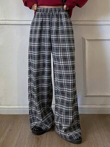 DAZY Pantalones anchos y sueltos de cuadros vintage, con cintura elástica, casuales para mujer, para otoño/invierno - Azul - Ver 4