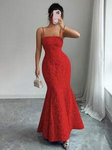 Rafferiza Vestido de fiesta azul para mujer con textura floral de satén sin mangas y versátil - Burdeos - Ver 5