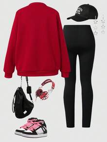 Sparklyn Bộ áo nỉ cổ tròn in hình trái tim ca rô và quần legging cho bé gái tuổi teen, phù hợp với phong cách đường phố - Nhiều màu - Xem 2