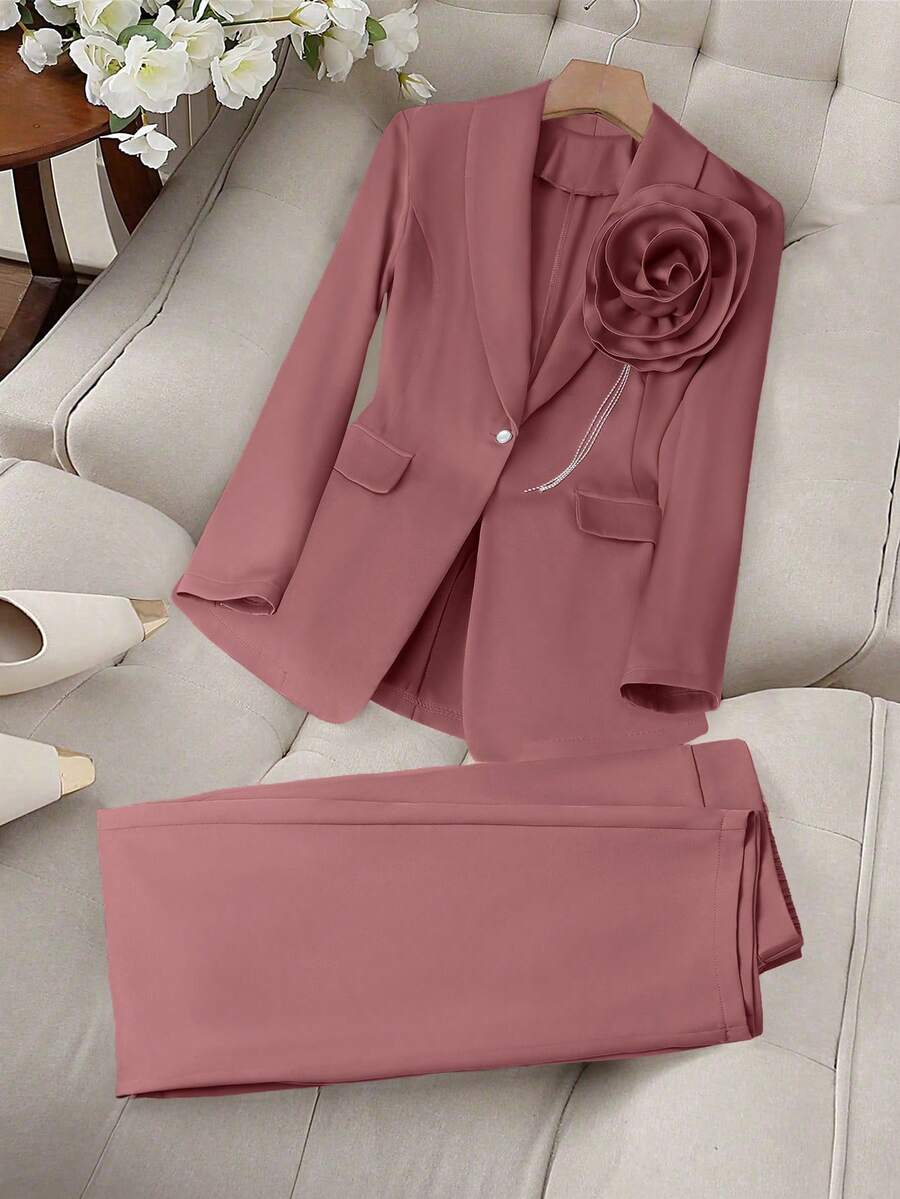 Elenzga Plus Size Women Elegant 3D Floral Decor Jacket & Pants Suit Fall Cloth For Women Autumn