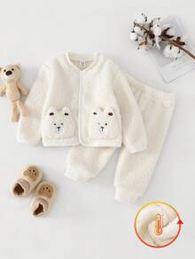 幼儿男童休闲米色毛绒熊口袋长袖长裤睡衣套装，冬季抓绒睡衣 - 彩色 - 查看 3