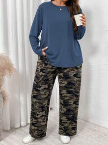 SHEIN LUNE 2pcs Plus Size Casual Solid Color Long Sleeve Top And Camo Print Pants Set, Spring Autumn Casual Everyday Wear,Essentials,Camouflage Print Two Pieces Suit Holiday Outfit  Camouflage Plus Size Camouflage Outfit For Women Comfy Sets Women Lounge Wear Camouflage Pants Loungewear Women Camouflage Plus Size Pants - Multicolor - View 3