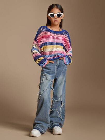 Radiana 少女寬鬆優雅短身彩虹條紋圓領套頭毛衣，長袖款式