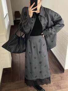 DAZY Women's Butterfly & Flower Embroidered Collar Loose Long Sleeve Shirt And Lace Patchwork Long Skirt Casual 2-Piece Set - Grey - View 6